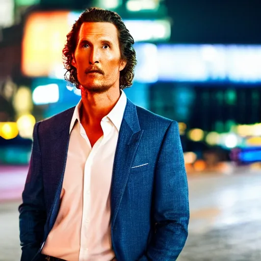 Image similar to a still of matthew mcconaughey . He's looking at the camera. HD. Shallow depth of field. City at night in background, lights, colors ,studio lighting, mood, 4K. Profession photography