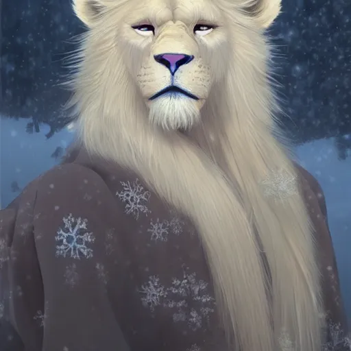 Image similar to aesthetic half body portrait commission of a albino male furry anthro lion wearing a Kimono, detailed face , hyperdetailed, snowy winter atmosphere. Character design by charlie bowater, ross tran, artgerm, and makoto shinkai, detailed, inked, western comic book art, 2021 award winning painting