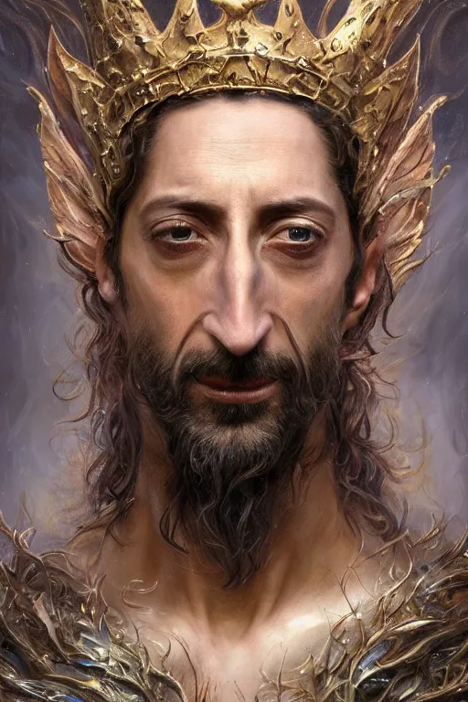 Image similar to closeup portrait shot of adrien brody as king oberon, fairy wings, lord of beasts, highly detailed, digital painting, artstation, concept art, soft focus, depth of field, artgerm, tomasz alen kopera, peter mohrbacher, donato giancola, wlop, boris vallejo