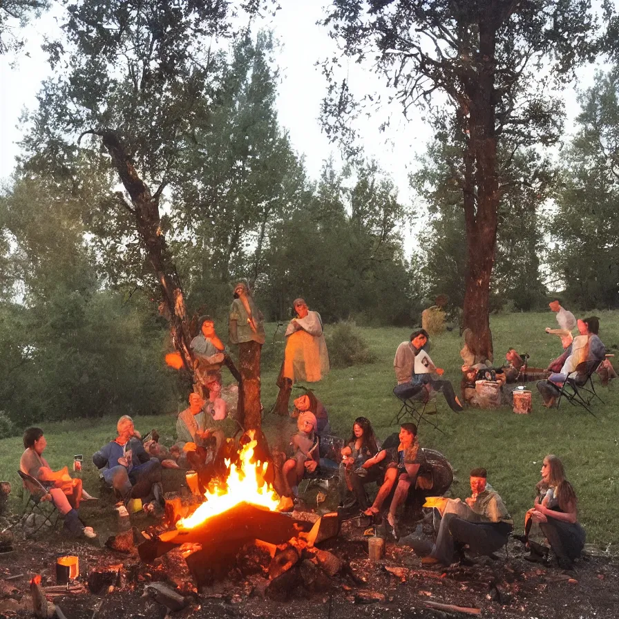 Image similar to a nice evening around the camp fire, friends are drinking and laughing, there is something behind the tree