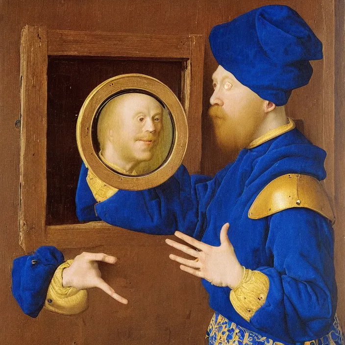 Prompt: blue crab man touching mirror. painting by jan van eyck