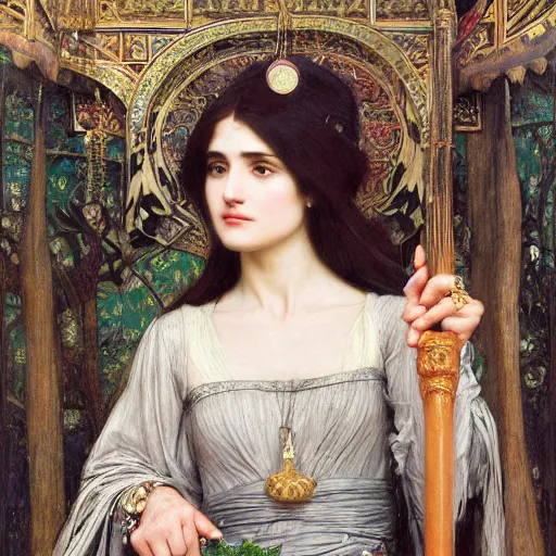 Prompt: orientalist portrait of a tired!!! witch in formal wear holding an iridescent oak magic wand intricate portrait by john william waterhouse and Edwin Longsden Long and Theodore Ralli and Henryk Siemiradzki, very coherent symmetrical artwork. Cinematic, hyper realism, high detail 8k