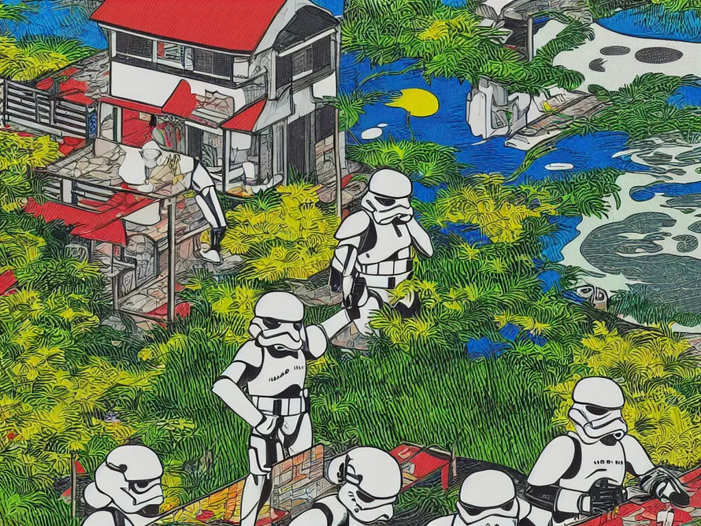 Prompt: super - detailed close - up image of the japanese home with a garden and pond, 2 stormtroopers sitting around it, in style of pop - art, andy warho style, roy lichtenstein style, jackie tsa stylei, bright palette, acrylic on canvas