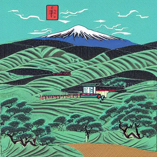 Image similar to landscape of japanese countryside, in style of weezer pinkerton