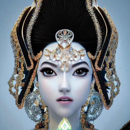 Image similar to portrait of wonderful asian princess of white diamond with fair skin, ornate with white diamonds, 8 k, gorgeous, intricate, detailed, glowing white accent lighting, dramatic lighting, octane render