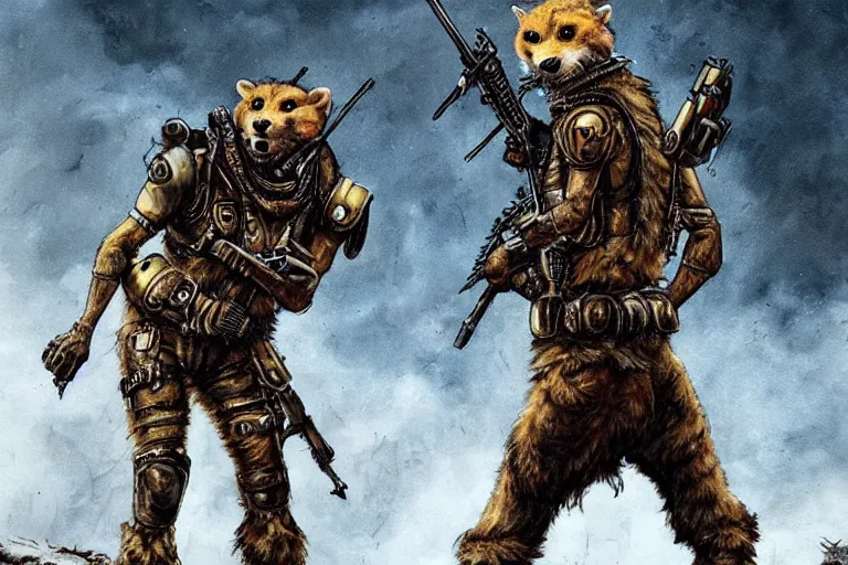 Prompt: a good ol'weasel fursona ( from the furry fandom ), heavily armed and armored facing down armageddon in a dark and gritty version from the makers of mad max : fury road. witness me.