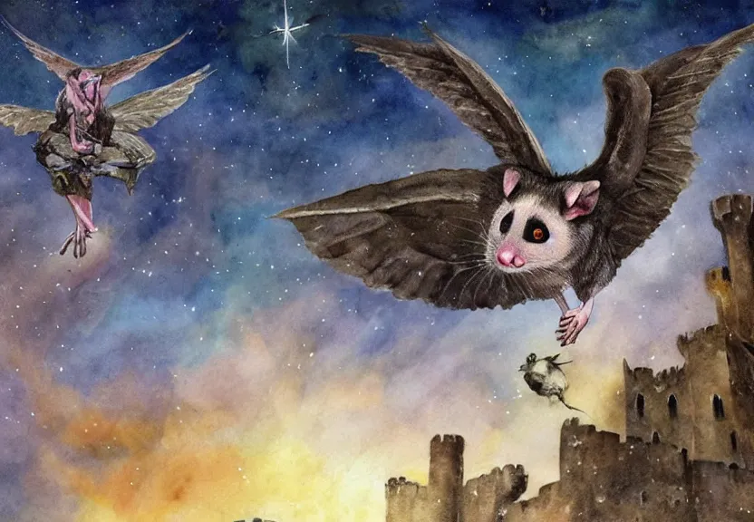 Image similar to gorgeous winged possum flying over a medieval castle under a dark starred sky, dark fantasy, watercolor, dreaming illusion, highly detailed, 4k, trending on Artstation, award-winning