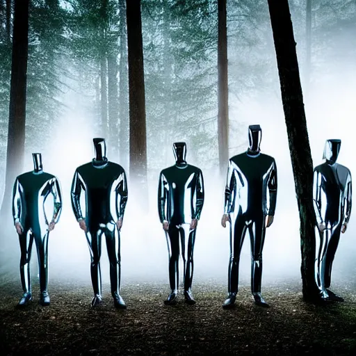 Prompt: photo, a giant massive group of men wearing full body shiny reflective latex suits including pants and shirts and boots and masks, performing an incredibly acrobatic wild dance inside a beautiful moody epic nighttime forest with fog and mist