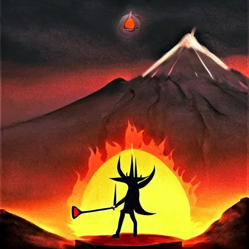 Image similar to Gandalf playing tennis with Sauron in front of Mount Doom. Sauron is wearing his full body armor. Digital Art, lava, dark, dramatic lighting