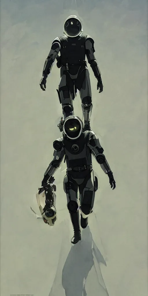 Image similar to a man with a futuristic white space armor walking out of a black spaceship, in the style of studio ghibli, j. c. leyendecker, greg rutkowski, artem