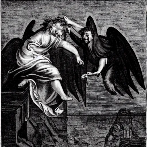 Image similar to an angel laughing at a devils joke