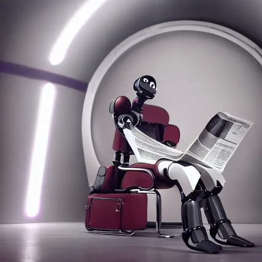 Image similar to Against a white cyc (white cyclorama backdrop) futuristic studious matte brown and red and chrome full-body humanoid robot with two huge round expressive sad purple glowing LED eyes and open rectangular mouth sitting on a large comfortable cushioned 1950s vintage recliner reading a newspaper. open newspaper. full shot Cinematic Movie Photograph, Arri Alexa, Extremely Detailed, smooth, very very clean, white cyc, white background, 8K, octane render, maya render, unreal engine, trending on artstation, DSLR, excellent composition, center frame