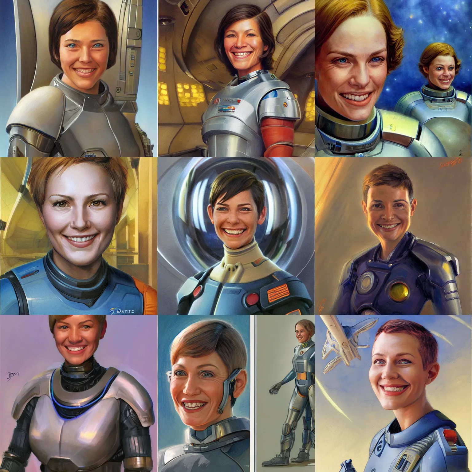 Prompt: futuristic starship engineer with short hair, female, optimistic smile, candid, sci fi character portrait by Donato Giancola