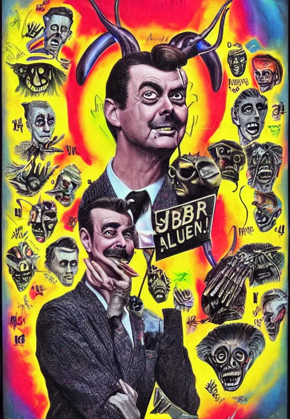 Image similar to one famous person, subgenius, x - day, aliens, weird stuff, occult stuff, devil stuff, less detail, colorful, stained paper, hyperrealism, stage lighting