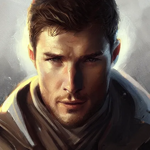 Prompt: portrait of a man by greg rutkowski, jedi knight, he looks like scott eastwood, wearing a flying jacket, star wars expanded universe, he is about 3 0 years old, highly detailed portrait, digital painting, artstation, concept art, smooth, sharp foccus ilustration, artstation hq