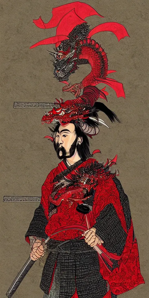 Prompt: “a portrait of samurai with red dragon’s head, detailed hd digital painting”