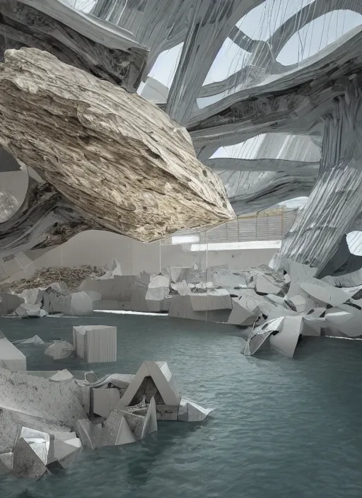 Image similar to art exhibition, architecture installation in biennale venezia, bioremediation white mining tailing futuristic horizontal architecture, epic, cinematic, hyperealistic, high detailed, corona render, hdr, ray tracing