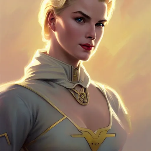 Prompt: Blonde Grace Kelly as Super Girl, western, D&D, fantasy, intricate, elegant, highly detailed, digital painting, artstation, concept art, matte, sharp focus, illustration, art by Artgerm and Greg Rutkowski and Alphonse Mucha