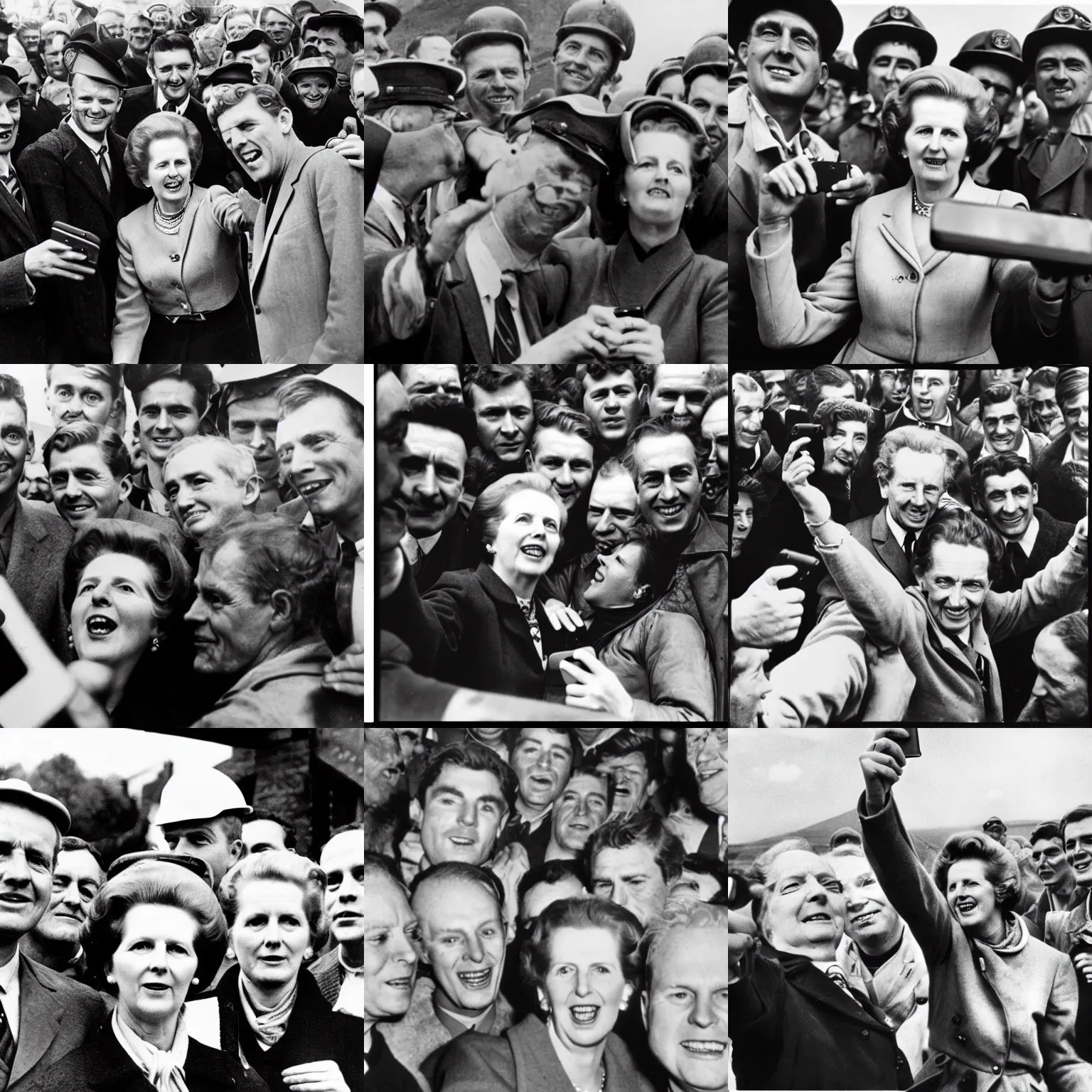 Prompt: margaret thatcher is taking a selfie with a group of miners, award winning photo by robert capa