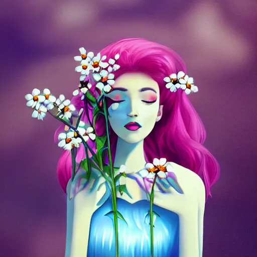 Image similar to a photography of a dreaming woman with flowers grow out of hair, roses peonies forget-me-nots dahlias lupins gladioli, sky theme in background, Digital Art, Trending on artstation