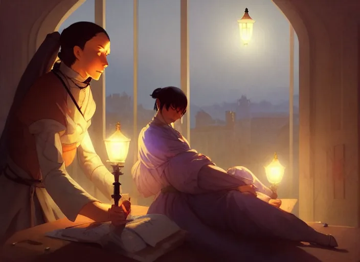 Prompt: 1 8 5 4 crimea, florence nightingale holding lamp, army hospital in scutari at night, wounded patients in beds on both sides of hospital ward, finely detailed perfect art, painted by greg rutkowski makoto shinkai takashi takeuchi studio ghibli