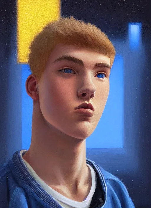 Image similar to portrait of high school senior boy named big moose, blonde short hair, jock, beefy, wide face, square jaw, square facial structure, blue varsity jacket with letter r, intricate, elegant, glowing lights, highly detailed, digital painting, artstation, concept art, sharp focus, illustration, art by wlop, mars ravelo and greg rutkowski