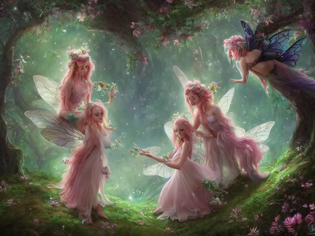 Image similar to two cute fairy in the dreamy forest, fantasy, dreamlike, 8 k resolution, hyper detailed, d & d, character design, digital painting, trending on artstation, sharp focus, illustration, art by artgerm, viktoria gavrilenko, hoang lap, fuji choko, steve zheng