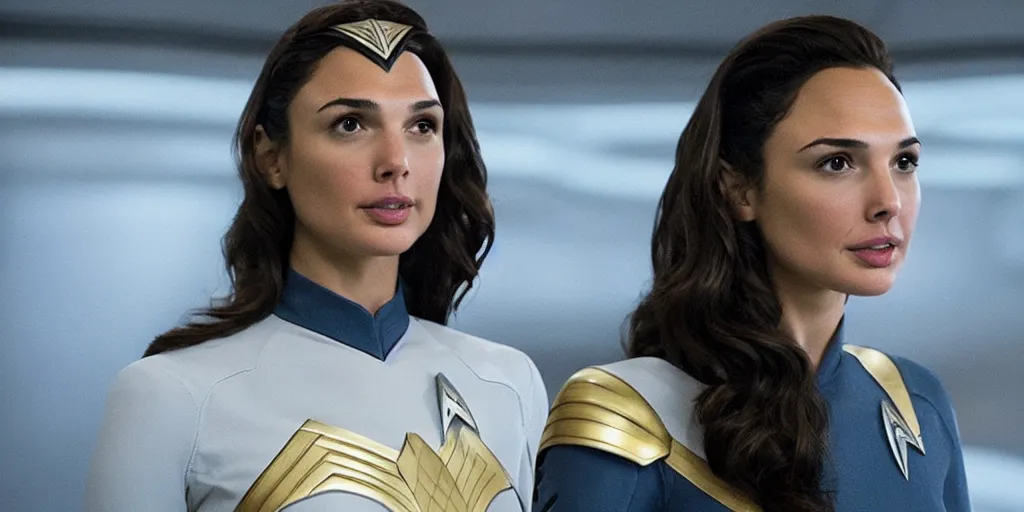 Image similar to gal gadot, in full starfleet uniform, is the captain of the starship enterprise in the new star trek movie