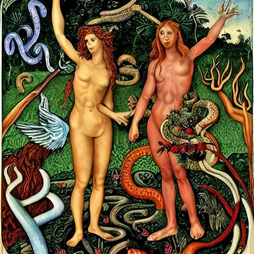 Prompt: horror vacui depicting the garden of eden, adam and eve are eating a giant psychedelic mushroom, snakes and angels are in the background,