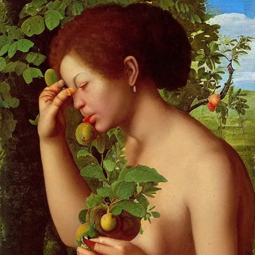 Image similar to beautiful multiracial woman eating an quince from a tree in the garden of eden, realistic renaissance master genius painting