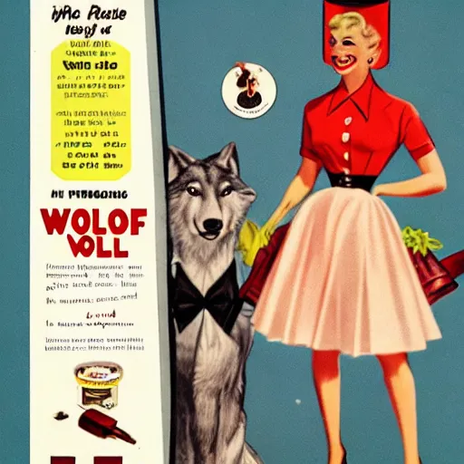 Image similar to 1950s advertisement featuring an anthropomorphic wolf