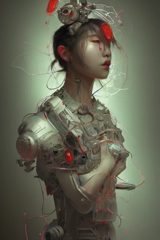 Image similar to hyperrealistic photography of a machine entering a female host in the style of Jin Kagetsu, James Jean and wlop, highly detailed, sharp focus, intricate concept art, digital painting, ambient lighting, 4k, artstation