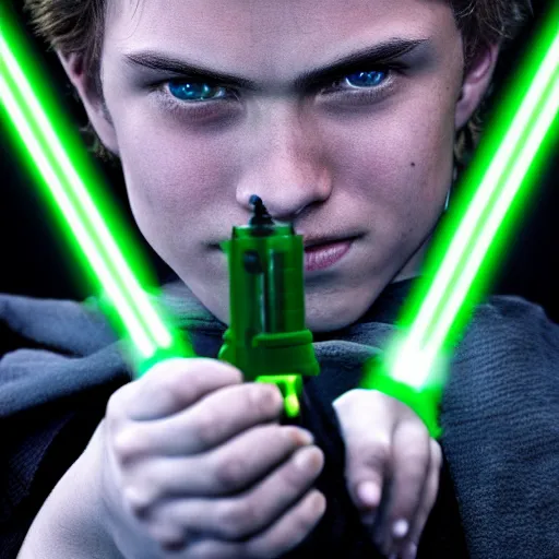 Image similar to anakin skywalker with green lightsaber, detailed photo, portrait, sharp.