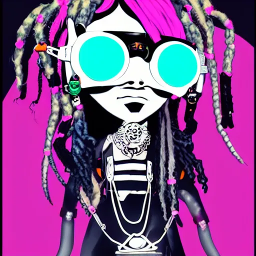 Prompt: eccentric kawaii goth girl with dreads wearing cyber goggles and eclectic jewelry, by jamie hewlett,