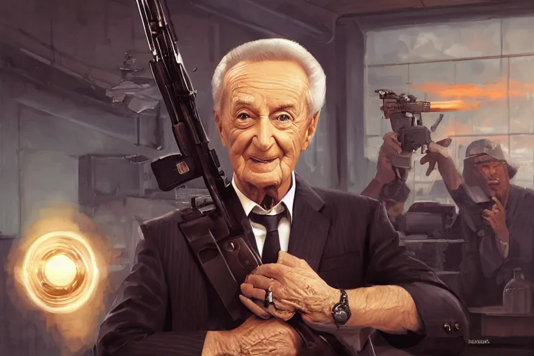 Image similar to portrait of bob barker holding an ak - 4 7, price is right set in background, charlie bowater, artgerm, ilya kuvshinov, krenz cushart, ruan jia, realism, ultra detailed, 8 k resolution