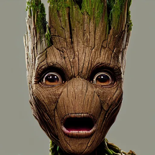 Image similar to groot, hyper detailed, digital art, trending in artstation, cinematic lighting, studio quality, smooth render, unreal engine 5 rendered, octane rendered, art style by klimt and nixeu and ian sprigger and wlop and krenz cushart