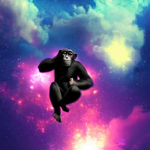 Image similar to a chimpanzee floating through outer space reaching out and touching nebula with it's finger, digital art, concept art, DeviantArt, art station illustration highly detailed artwork cinematic hyper realistic