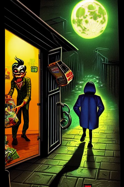 Image similar to a photorealistic vintage goosebumps cover art style illustration of a monster coming out of a garbage can in a dark alley way at night with moonlight casting shadows.