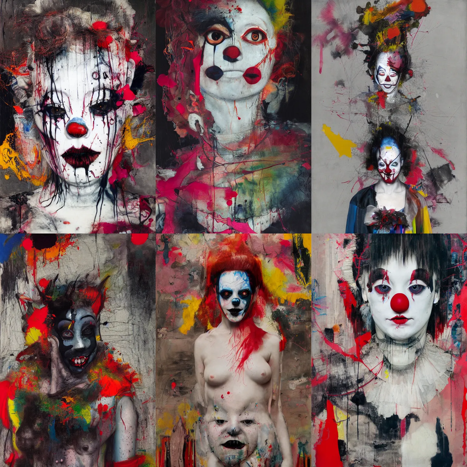 Prompt: clown girl, a brutalist designed, gothic, rich deep colours, painted by francis bacon, adrian ghenie, james jean and petra cortright, part by gerhard richter, part by takato yamamoto. 8 k masterpiece
