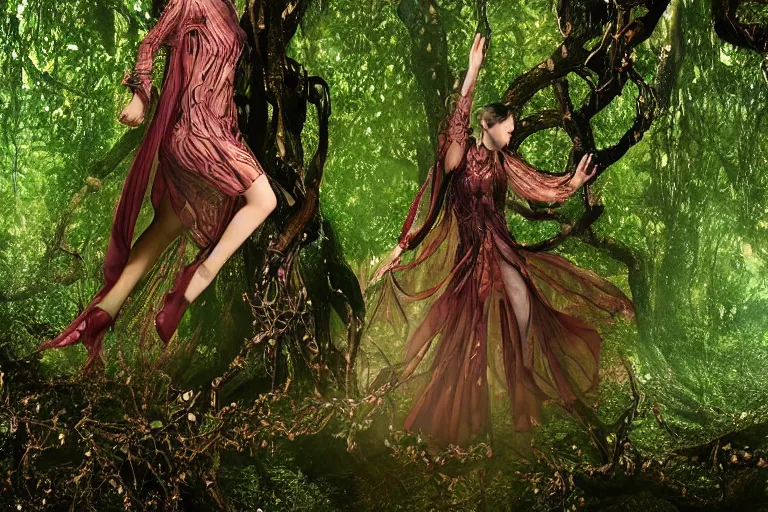 Prompt: transcendent cybernetic forest spirit being wearing mughal valentino patterned dress, jumping through large tree branches, vines, near scifi ruins, holograms