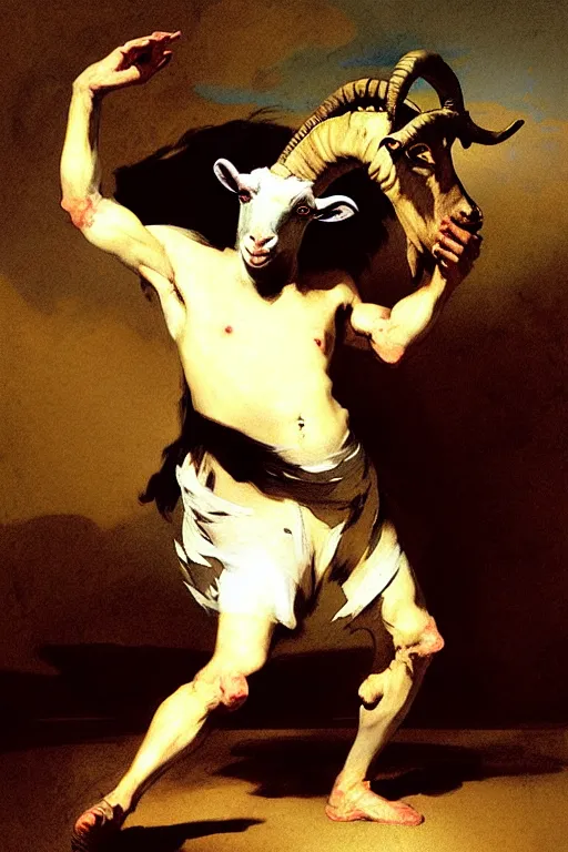 Image similar to dancing man with a goat head by francisco de goya and greg rutkowski