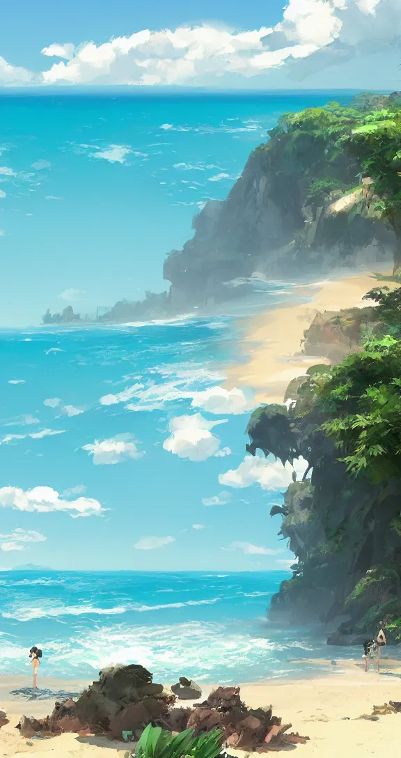 Image similar to A long and winding beach, tropical, bright, simple, by Studio Ghibli and Greg Rutkowski, artstation