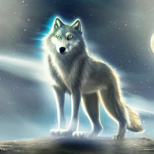 Image similar to a clear, sparkling diamond wolf in front of a full moon, fantasy art, lens flares, high definition