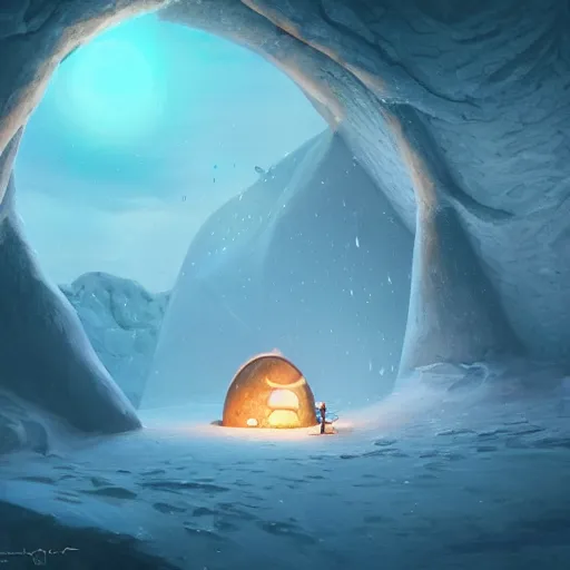 Prompt: Ping in an Igloo, arctic, summer, 8k resolution matte fantasy painting, cinematic lighting, DeviantArt, Artstation, Jason Felix Steve Argyle Tyler Jacobson Peter Mohrbacher