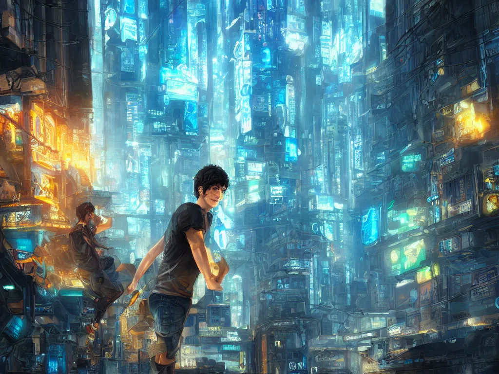 Prompt: detailed painting of percy jackson in a cyberpunk world, sunlight, hyper detailed 4 k, trending on artstation.