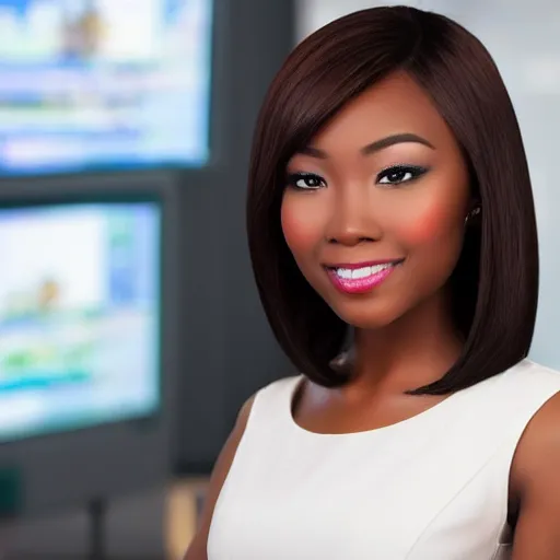 Image similar to a fullbody shot of a beautiful, african - asain female news anchor, with a bob cut, ultra hd, high definition, high quality, crisp, sharp, smooth, 8 k resolution