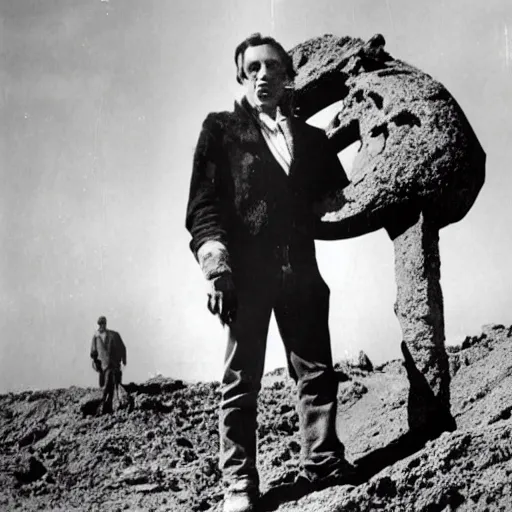 Prompt: Giant skull found at excavation site, a scientist stands next to the skull and is dwarfed by it, press photo