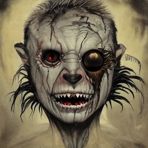 Image similar to horrific monster makeup grinning one-eyed grimpunk vile reprobate portrait portrait Cyclops Cyclops Polyphemus nosferatu with tombow norman rockwell greg rutkowski frank frazetta alexandre briclot Dave Dorman splatterpaint