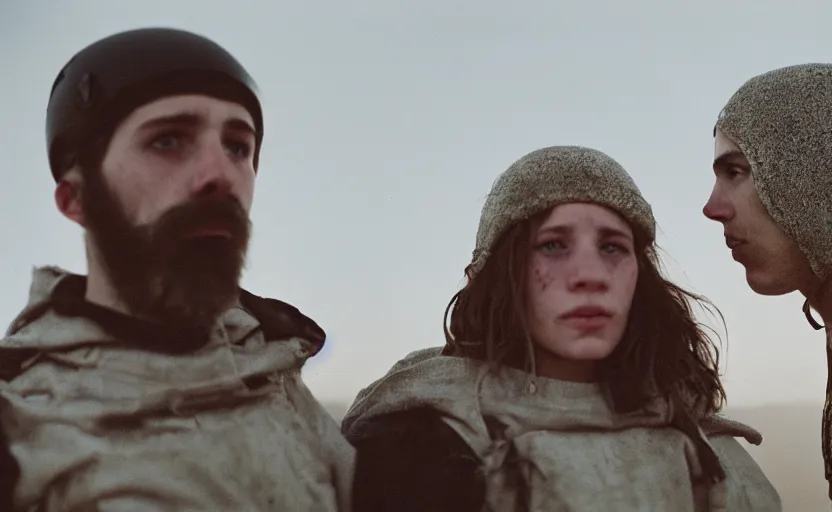 Image similar to cinestill 5 0 d photographic portrait by helen levitt of a white and mixed female android adult couple wearing rugged black techwear on a desolate plain of america, extreme closeup, modern cyberpunk, dust storm, 8 k, hd, high resolution, 3 5 mm, f / 3 2, ultra realistic faces, intricate detail, ex machina