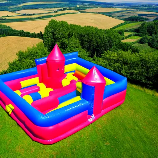 Prompt: Bouncy castle high atop a hill, medieval castle made of vinyl and rubber, inflated colorful castle, aerial photograph, European countryside
